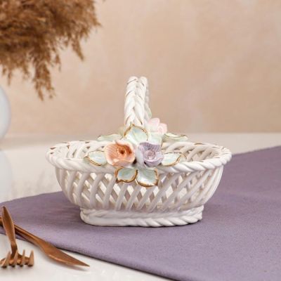 Конфетница "Олька", белая, цветная лепка, плетение, 12 см, микс