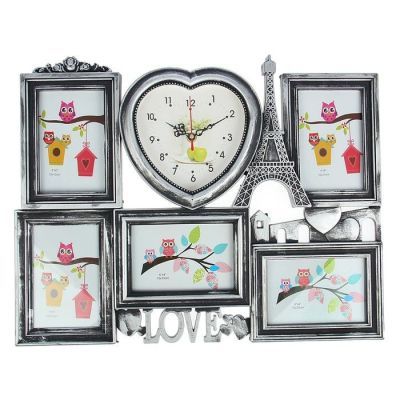 Часы настенные, серия: Фото, "Эйфелева башня", 5 фоторамок, чёрные патина, 38х50 см, микс