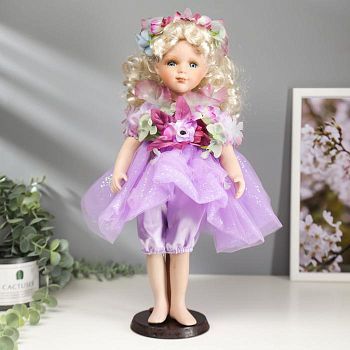 Кукла коллекционная керамика "Малышка Феона в сиреневом платье с цветами" 40 см