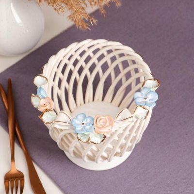 Конфетница "Горшочек", белая, цветная лепка, плетение, 15*14 см, микс