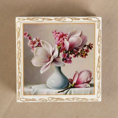 Шкатулка «Цветы в вазочке», белая, 10×10 см, лаковая миниатюра