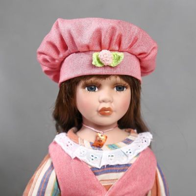 Кукла коллекционная керамика "Катя в платье в полоску и розовом жилете" 40 см