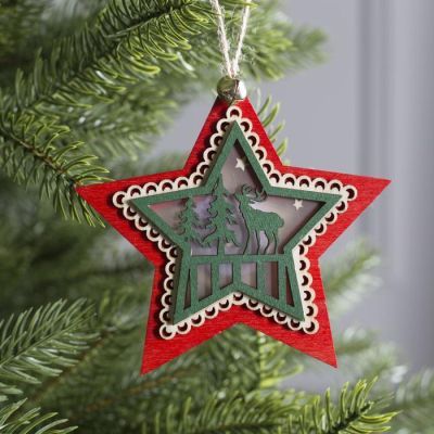 Ёлочная игрушка «Красная звезда с оленем», от батареек, свечение тёплое белое