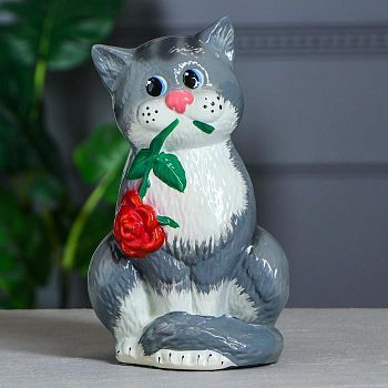 Копилка "Кот с розой", покрытие лак, серая, 28 см, микс