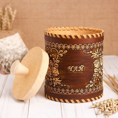 Туес «Цветы», чай, d=10 см, береста