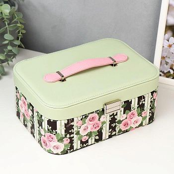 Шкатулка кожзам для украшений "Полоски и розы" зелёная с чёрным 10,5х25х18,5 см