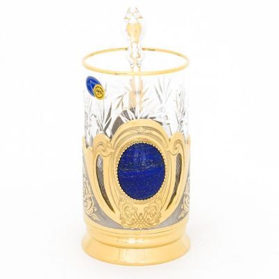 Подстаканник "Лазуритовый" с ложечкой в стильной коробке (золото, никель)