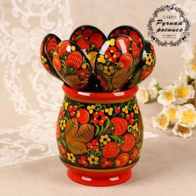 Набор «Хозяюшка», 6 ложек и ваза, 13×9 см, хохлома