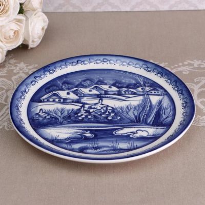 Тарелка-панно «Зима», гжель, фарфор, d=21 см