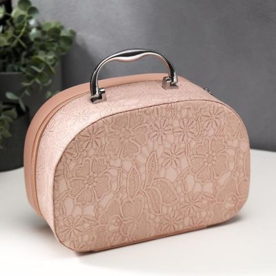 Шкатулка кожзам для косметики "Кружево цветы" розовая н-р 3 шт 6,5х11х19 8х14х22 11х25х17 см   51444