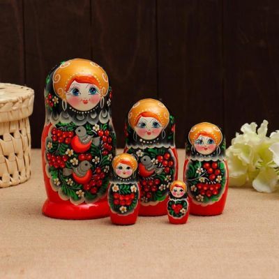 Матрёшка «Снегири в рябине», чёрный платок, 5 кукольная, 18 см