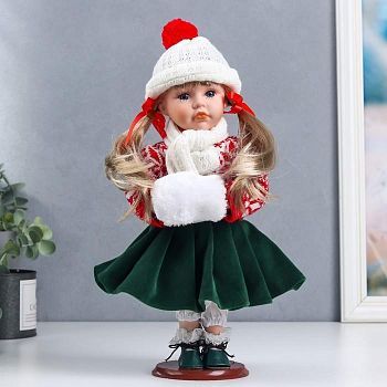 Кукла коллекционная керамика "Полинка в зимнем красном свитере, в шапке и шарфе" 30 см