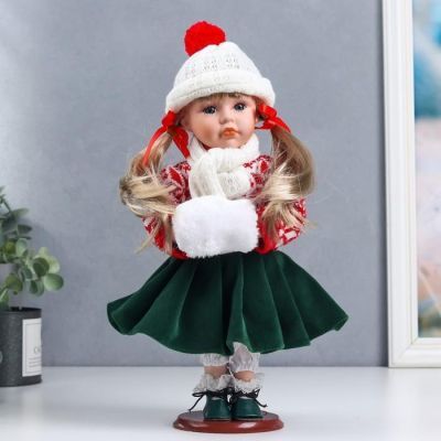 Кукла коллекционная керамика "Полинка в зимнем красном свитере, в шапке и шарфе" 30 см