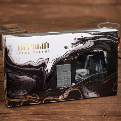 Подарочный набор "Первый среди равных", камни для виски 6шт, бокал 2шт, щипцы