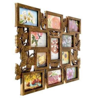 Фоторамка пластик на 11 фото 10х10, 10х15 см "Бабочки" золото 49х63 см