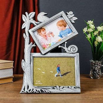 Фоторамка пластик на 2 фото: 10х15 и 13х18 см "Дерево и улитка" тёмное серебро 33,5х23 см