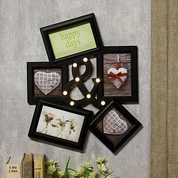 Фоторамка пластик на 5 фото 10х10, 10х15 см свет 8 диодов "И" чёрная 45х35,5 см