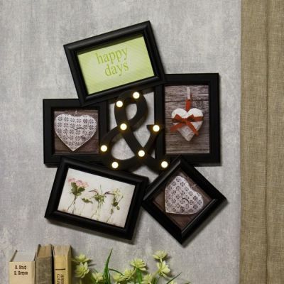 Фоторамка пластик на 5 фото 10х10, 10х15 см свет 8 диодов "И" чёрная 45х35,5 см
