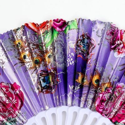 Веер пластик, текстиль изгиб "Цветочная феерия" серебристый МИКС 23 см