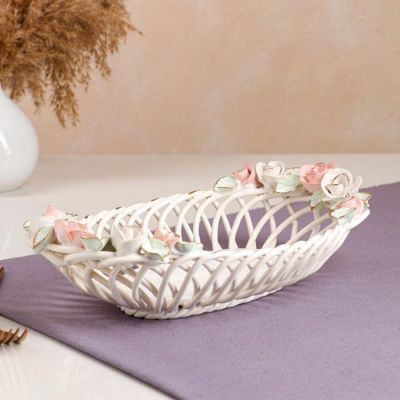 Конфетница "Купеческая", белая, цветная лепка, плетение, 8 см