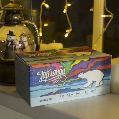 Гирлянда «Занавес» 2 × 1.5 м, IP20, прозрачная нить, 360 LED, свечение тёплое белое, 8 режимов, 220 В