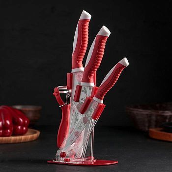 Набор кухонный на подставке «Роза любви», антиналипающее покрытие, 4 предмета: ножи 12 см, 14 см, 17 см, овощечистка, цвет красный