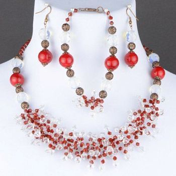 Комплект Коралл, лунный камень, хрусталь "Лунный свет" арт. ВАС-1473