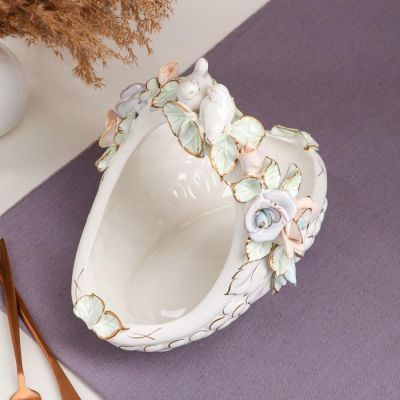 Конфетница "Корзинка", белая, цветная лепка, птички, 28 см, микс