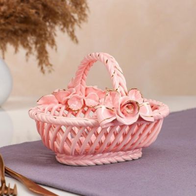 Конфетница "Олька", розовая, лепка, плетение, 13 см