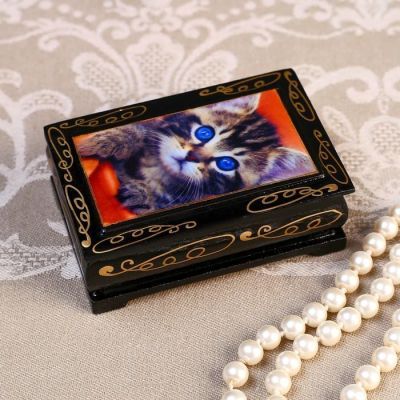 Шкатулка «Серый котенок», 6×9 см, лаковая миниатюра