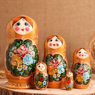 Матрёшка «Полевые цветы», медный платок, 5 кукольная, 17 см