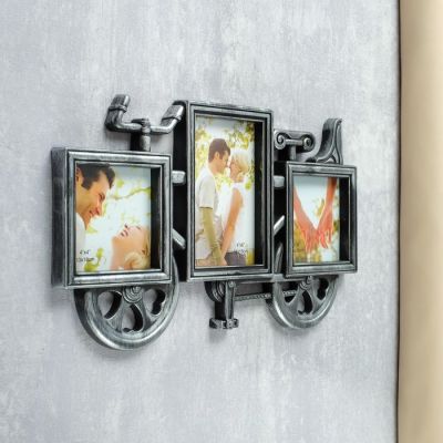 Фоторамка пластик на 3 фото 10х10, 10х15 см "Велосипед" тёмное серебро 23,5х40 см