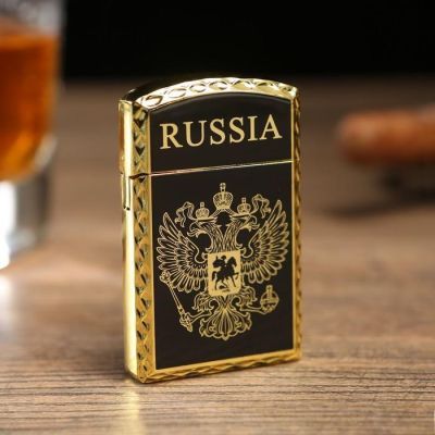 Зажигалка газовая "RUSSIA" с эмблемой двуглавого орла,  чёрная 1х3.5х6 см