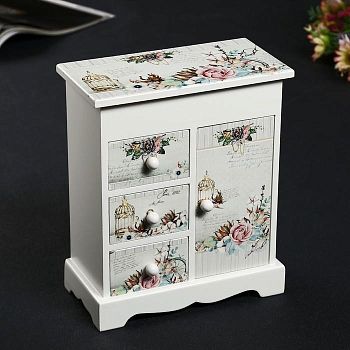 Шкатулка дерево комод 3 ящика+дверка "Романтичный букет" 19х16х8 см