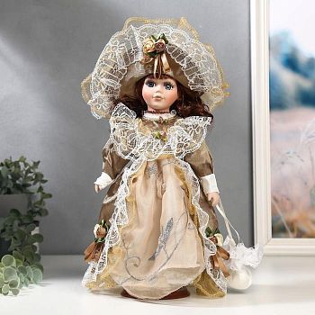 Кукла коллекционная керамика "Маленькая мисс в золотистом платье" 30 см