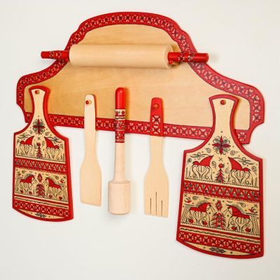 Набор кухонный со скалкой, 7 предметов, мезенская роспись
