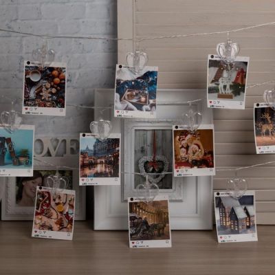 Гирлянда "Нить" 4.5 м с насадками "Прищепки-сердце", IP20, прозрачная нить, 20 LED, свечение тёплое белое, фиксинг, 220 В