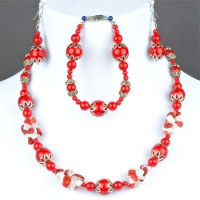 Комплект Коралл, агат, кахолонг "Климма" арт. ГРУ-1534