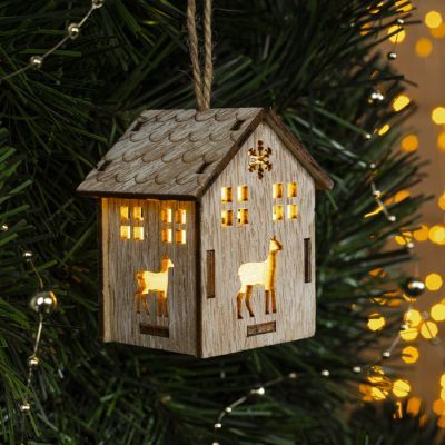 Ёлочная игрушка «Домик с оленем», от батареек, свечение тёплое белое