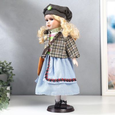 Кукла коллекционная керамика "Блондинка с кудрями, голубая юбка, пиджак в клетку" 40 см