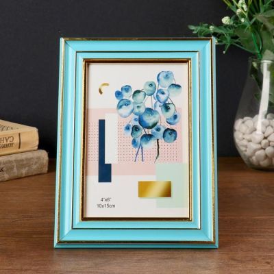 Фоторамка пластик 10х15 см "Голубая с тремя золотыми полосами" 19,3х14,3х1,2 см