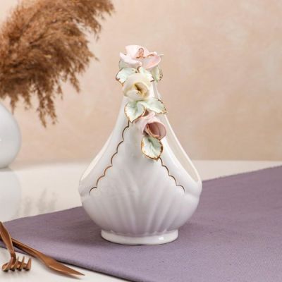 Конфетница "Корзина", белая, цветная лепка, золотистая роспись, 22 см, микс