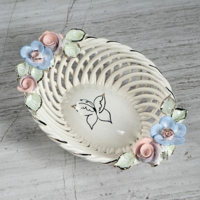 Конфетница "Ладушка", белая, цветная лепка, плетение, керамика, 9 см, микс