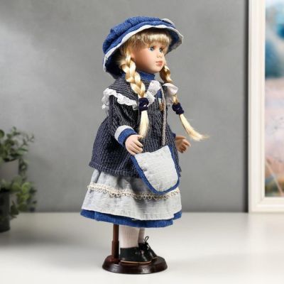 Кукла коллекционная керамика "Танечка в синем платье с передником" 40 см
