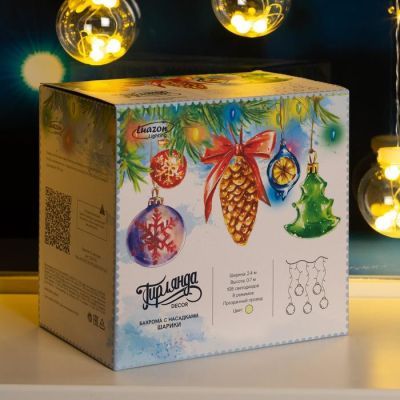 Гирлянда «Бахрома» 2.4 × 0.7 м с насадками «Шарики», IP20, прозрачная нить, 108 LED, свечение тёплое белое, 8 режимов, 220 В