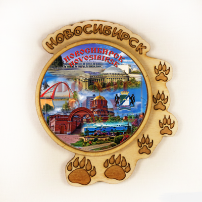Магнит след "Новосибирск, коллаж" (береста) 8 х 9,5 см