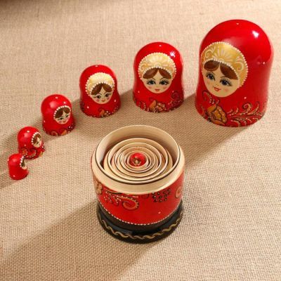Матрёшка «Золотая хохлома», красный платок, 9 кукольная, 20 см, ручная работа