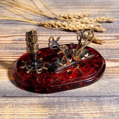 Сувенир из латуни и янтаря  "Визитница Море-Якоря" 11х7.5 см