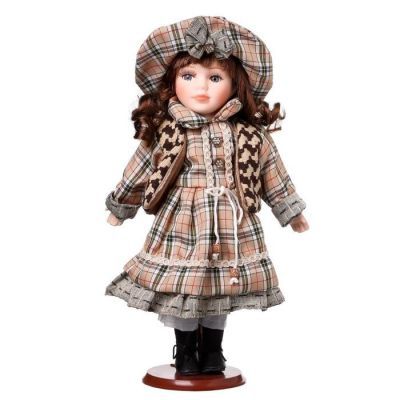 Кукла коллекционная керамика "Шатенка в бежево-зелёном наряде в клетку" 30 см