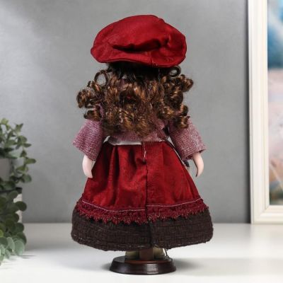 Кукла коллекционная керамика "Брюнетка с кудрями, в розовом пиджаке и бордовой юбке" 30 см